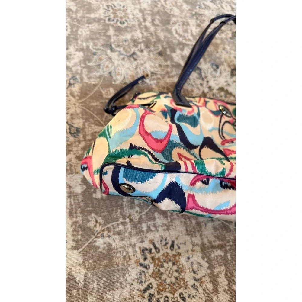 Coach Poppy Graffiti Print Tote Shoulder Bag Navy‎ Blue Leather Trim